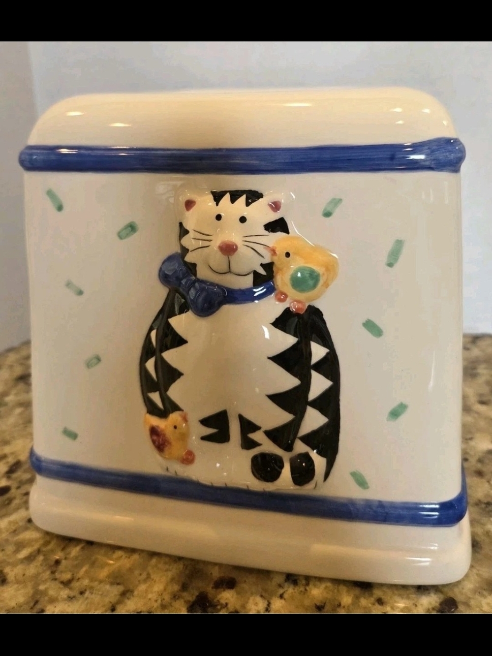 Coco Dowley Ceramic Tissue Box Cover Holder Kitty Cat With Bird Vintage Bathroom